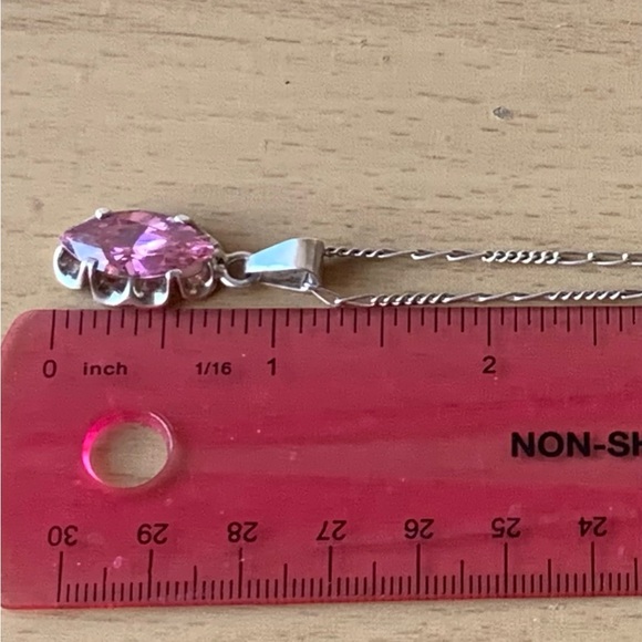 VINTAGE NAVETTE PINK ICE CZ PENDANT W/ FIGARO CHAIN 925 STERLING MADE IN MEXICO - Picture 10 of 16